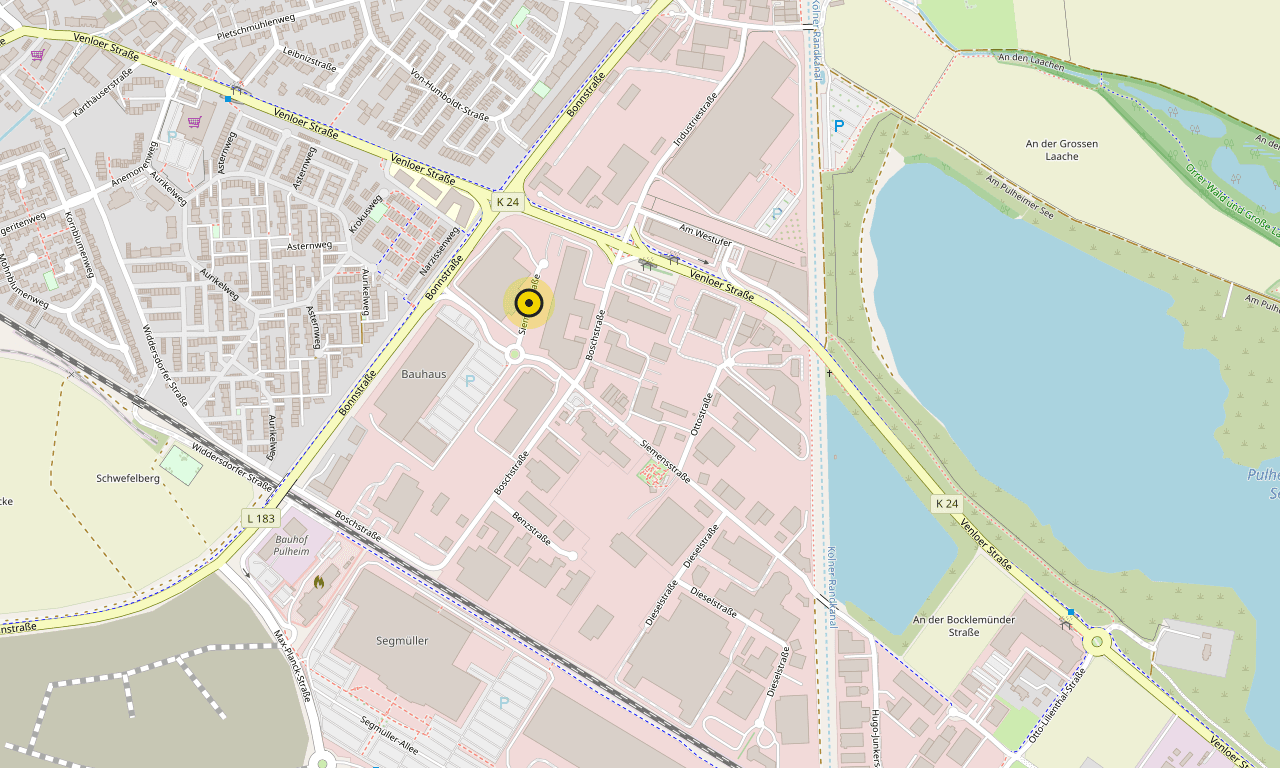 Kartenausschnitt mit dem Standort von AOOB Reifendienst in der Siemensstraße in Pulheim